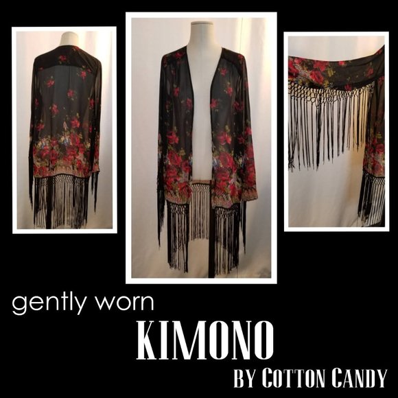 Cotton Candy Other - Sheer Black Floral Fringe Kimono S